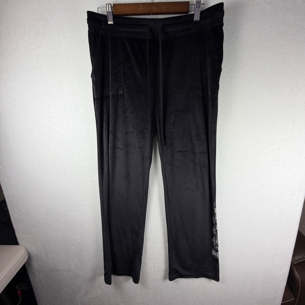 Juicy Couture Size Large Black Velour Rhinestone Logo Pants Y2K Bling Lounge